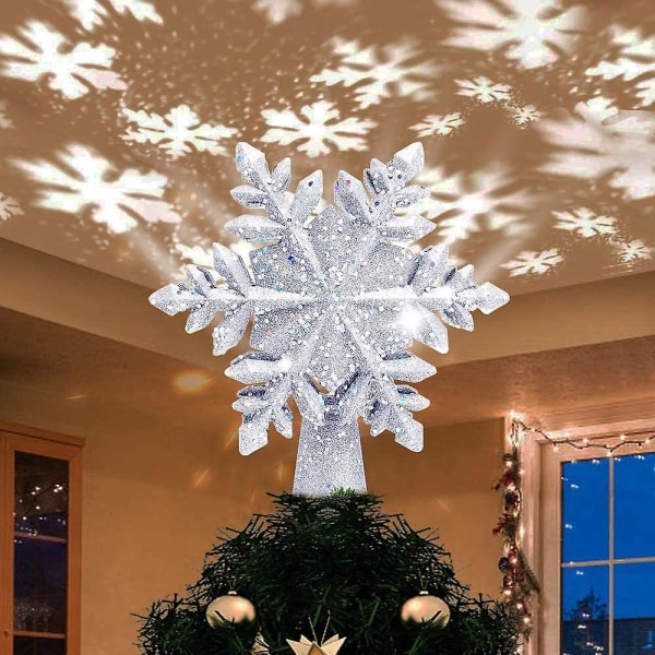 Christmas Tree Topper Lighted, Led Roterande Snowflake, 3d Glitter Lighted Sliver Snow Tree Topper För julgransdekorationer
