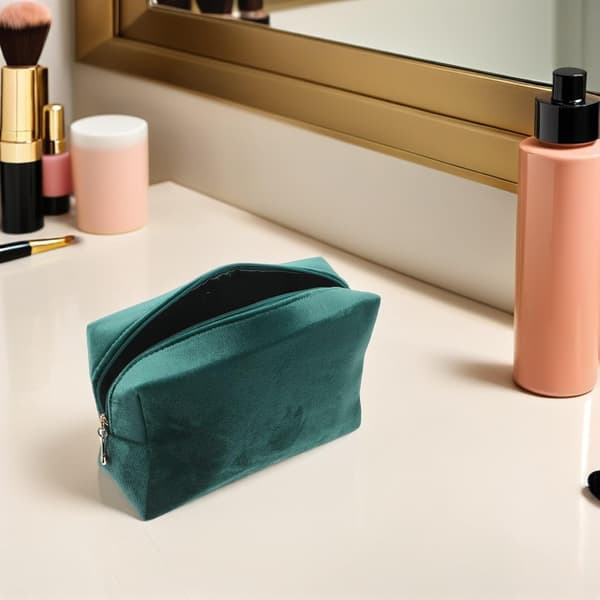 Fløjls makeuptaske, stor kapacitet til kvinder og piger, bærbart design til fester og ferier i grøn