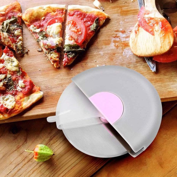 Pizzaskjærehjul med beskyttende bladdeksel, ergonomisk pizzaskjærer (rosa)