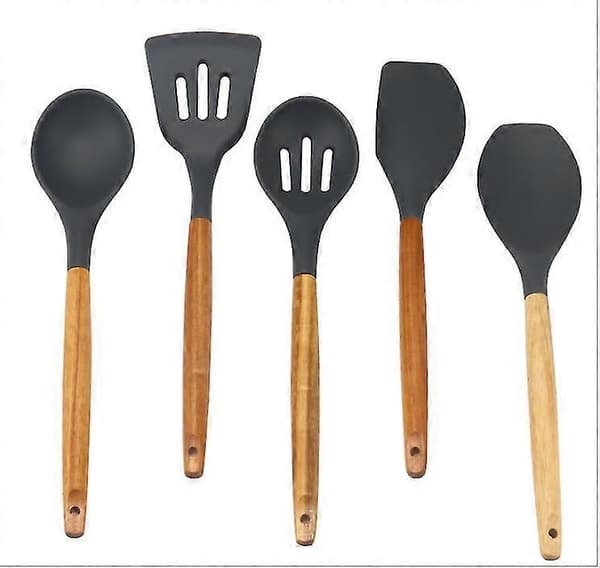 Non-stick Silicone Kitchen Utensil Set with Wooden Handle, 5 Pieces