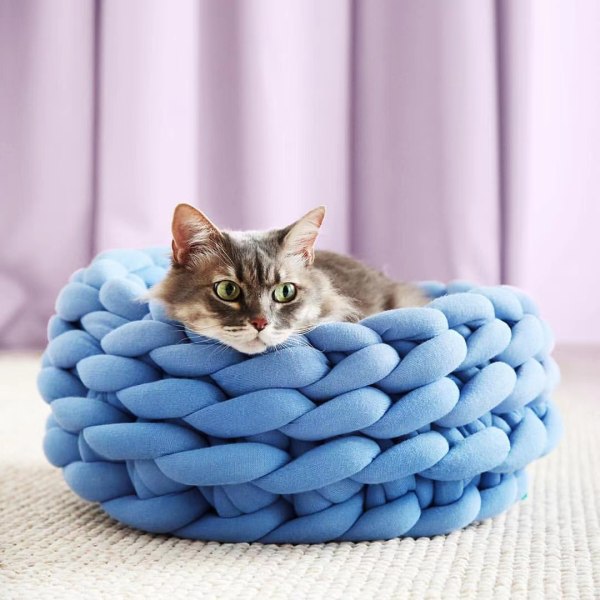 Bomuldsstrikket Dyrebed Kurv Varmt Vævet Kattenest Hyggelig Cuddler til Hunde Katte-30cm Kæledyr Håndlavet Varmt Chunky Kintted Katteuld