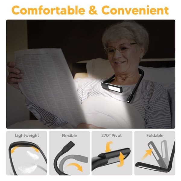 Neck Reading Light - Rechargeable Bedside Reading Lamp, 3 Colors Flexible LED Neck Light, Black