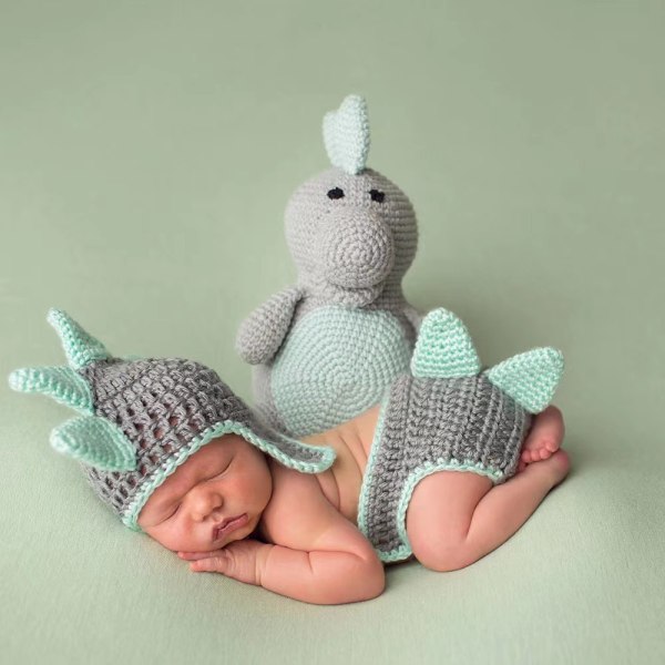 5 STK Newborn Baby Pige/Dreng Hæklet Strik Kostume Fotografi Rekvisitter Hatte Outfits-Newborn Hæklet Strikket Outfit Dinosaur Hat