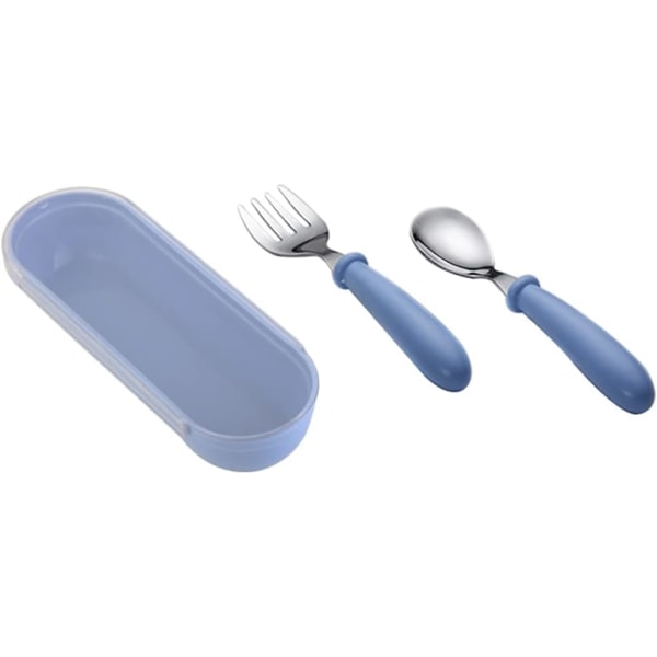 Barneutstyr skje og gaffel Baby bestikksett i rustfritt stål Barnebestikk med reiseveske (blå)