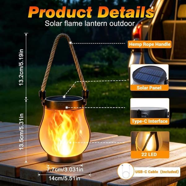 Solar Lamp - PZCC - Flickering Flame Lantern - Dual USB/Solar Charging - Dusk Sensor - 2-pack