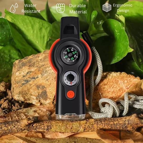 Emergency Survival Whistle 2 Pack 7 in 1 Safety Whistle with Compass Thermometer LED Light Magnifier Reflector