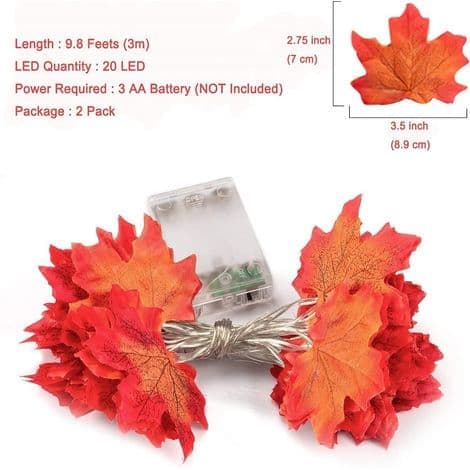 6m Battery Operated Maple Leaf String Lights, Autumn Decoration for Christmas Thanksgiving, 2 pcs, 40 LED String Lights