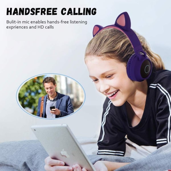 Kids Bluetooth 5.0 Cat Ear-hörlurar Vikbara On-Ear Trådlöst stereoheadset med mikrofon LED-ljus och stöd för volymkontroll