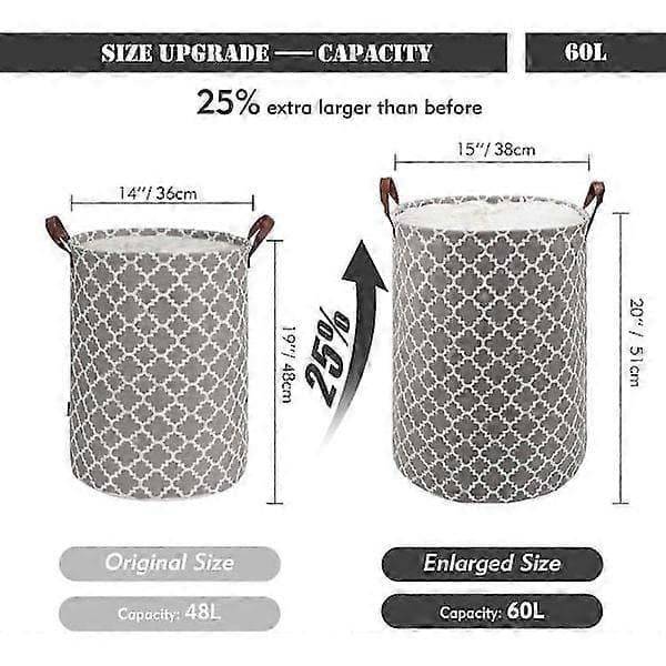 60L Large Laundry Hamper with Durable Leather Handle, Thickened Waterproof Drawstring Round Foldable Laundry Basket (Grey, L)