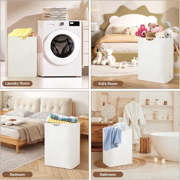Foldable laundry basket, cotton linen 36L washable space-saving storage basket for bathroom bedroom laundry room, white