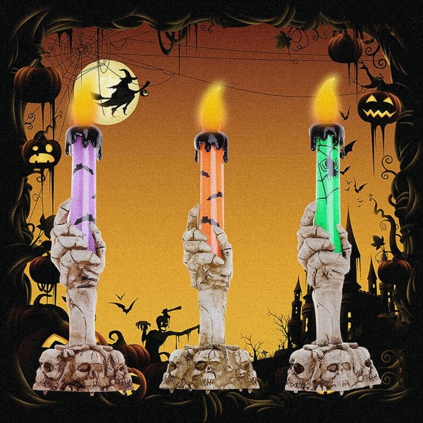 3 pakke Halloween skull lysestake lys, skjelett spøkelseshånd flammeløs stearinlys lampe Festbar dekorasjonslampe (grønn,