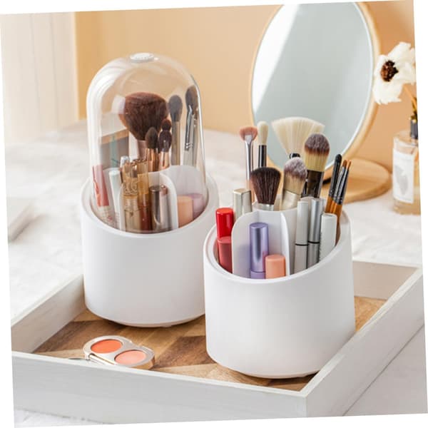 Makeup Brush Storage Box with Lid, Rotatable Design for Desk Organizer, Holds Brushes and Cosmetics, White for Countertop
