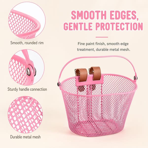 Metal Bicycle Basket for Children, Front Bicycle Basket, Children, Bicycle Baskets with Adjustable PU Strap, Front Bicycle Basket Pink pink