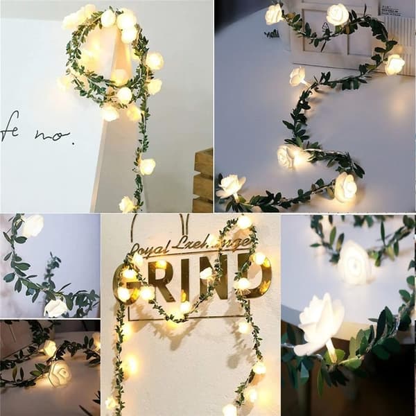 20 LED-rosenkæde med grønne blade, 3 meter lang, varmhvide blomsterlys, batteridrevne dekorationslys