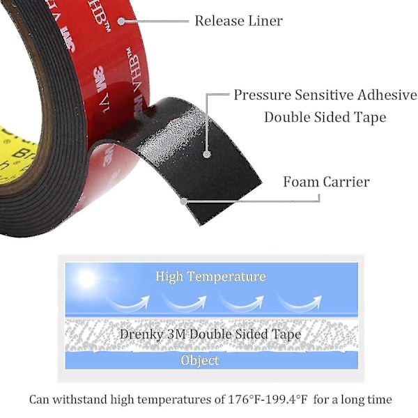 3m Vhb Ekstra Stærk Dobbeltsidet Klæbende Tape 3m X 10mm Sort Vandtæt Høj Temperatur Modstand