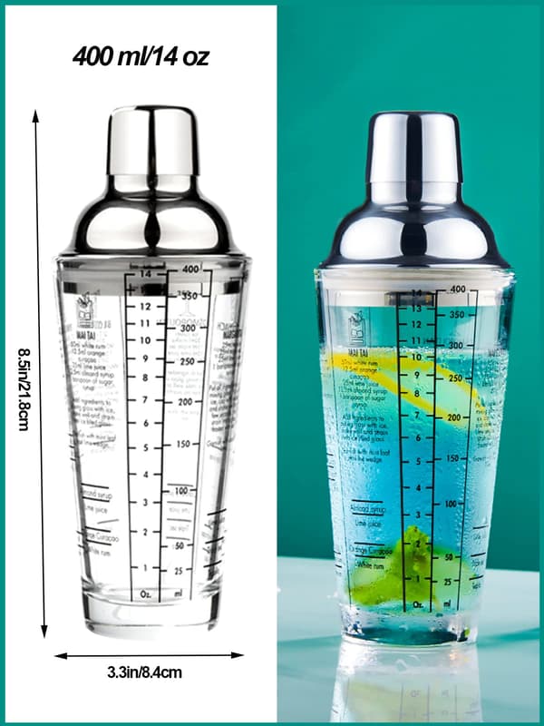 Glascocktailshaker, Martinishaker trykt med 6 drinkopskrifter, Målt glasblander Bedste gave til Begi