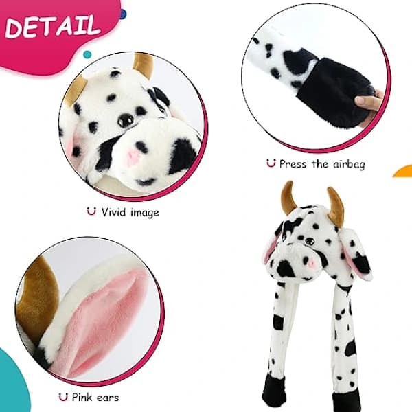 Stuffed Animal Hat Ears Movable Jumping Hat Fun Interactive Hat, Cow Hat