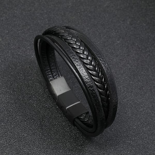 Flätat läderarmband för män Svart
