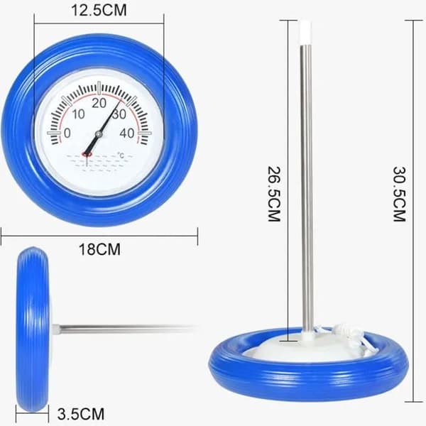 Flytende bassengtermometer med blå ring, stor urskive, rustfri stålsensor