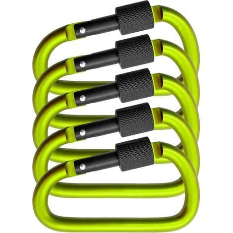 5-pack stora skruvgrindkarbinhakar för utrustningsfäste, aluminium, 8 cm, ljusgrön, svart, 5-pack.