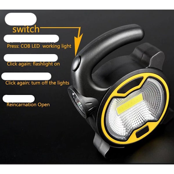 Multifunktionel Campinglampe med Lommelygtefunktion LED Campinglampe COB Arbejdslys Bærbar Batteritype, Gul