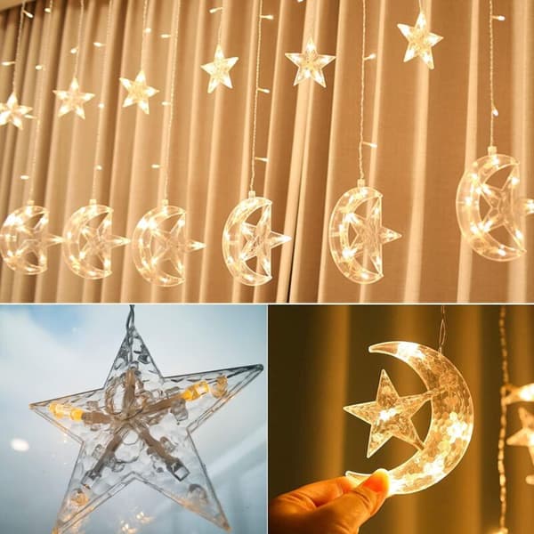 Ramadan Decoration Light String 3.5M Moon and Star Curtain Lights Indoor Battery/USB Powered with Timer and Remote Control