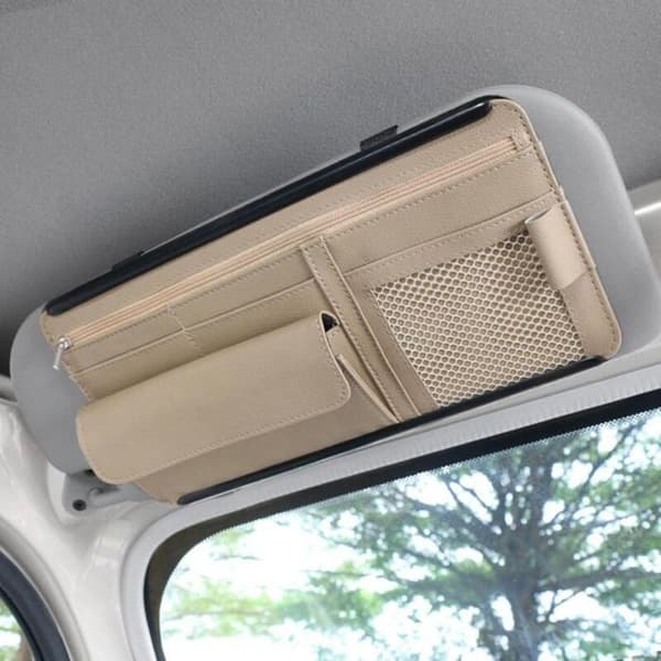 Sun Visor Organizer - PZCC - Universal Storage Pocket - Synthetic Leather & ABS - Beige - Large Capacity (≤20 cm)