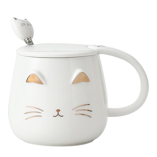 White, 300 ml, cat mug cute ceramic coffee mug with lid and spoon