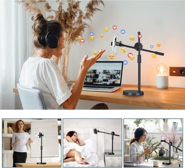 Adjustable Mobile Phone Holder, Adjustable Height and Angle with Stable Round Base, Perfect (36-52 cm)