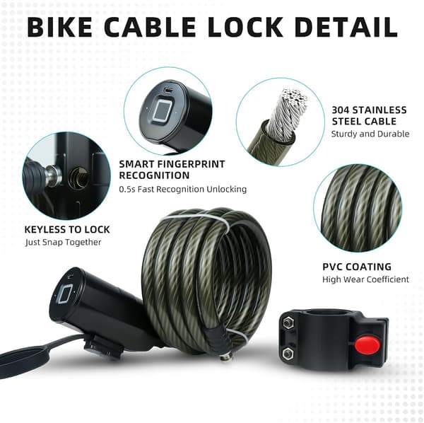 Bicycle Lock Keyless Anti-theft Bicycle Cable Lock 120 cm with Waterproof Cable and Mounting Bracket Fingerprint