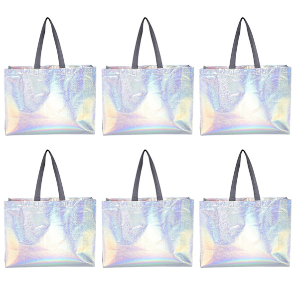 6 st Strandväska Tote Iridescent Presentpåsar Återanvändbara Presentpåsar Vikbara Presentpåsar Iridescent Påsar Handtag Silver 40x30cm