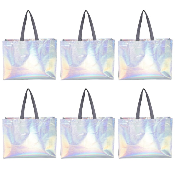6 stk Strandveske Tote Iridescent Gaveposer Gjenbrukbare Gaveposer Foldbare Gaveposer Iridescent Vesker Håndtak Silver 40x30cm