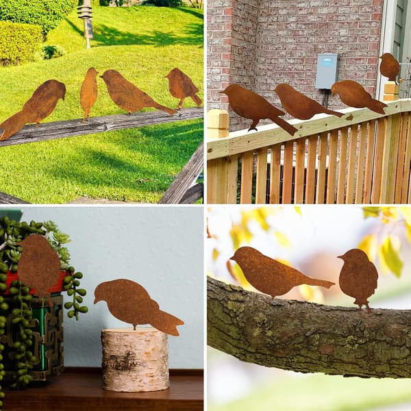 Rustikk metallhageinnsats, 4 rustne fugler med skruer, rustikk metall