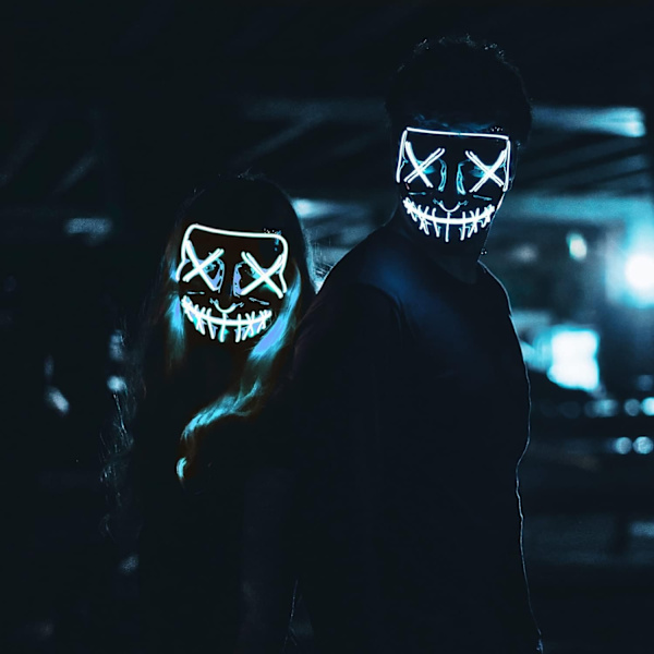 Blå LED-maske | Mareridtsblå | Premium kvalitet | Hård plastik cosplay | Halloween | Neon | Gys | Sjov
