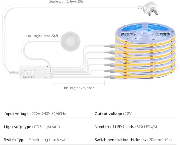 12V COB LED Strip Lights 6-pack - 1M Warm White LED Strips with Touch & Scan Dimmer Switch for Cabinets, Display Cases & Kitchen Lighting