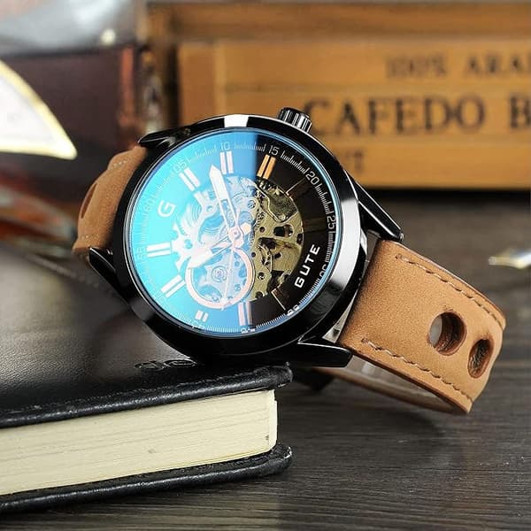 Herreur 43mm Rustfrit Stål Læderrem Mekanisk Armbåndsur Brun Sort