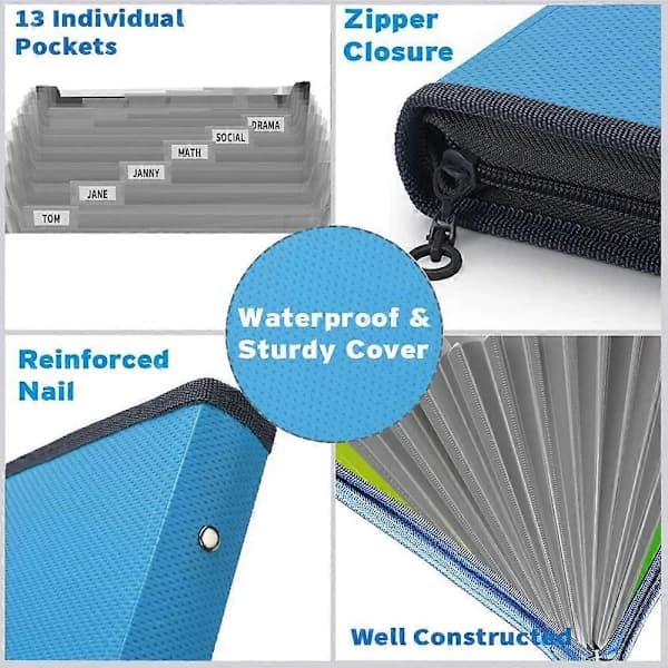 Expanding Document Folder, 13 Pockets Zipper Accordion Folder with Tabs, Expandable Document Wallet Accordion Organizer, Blue