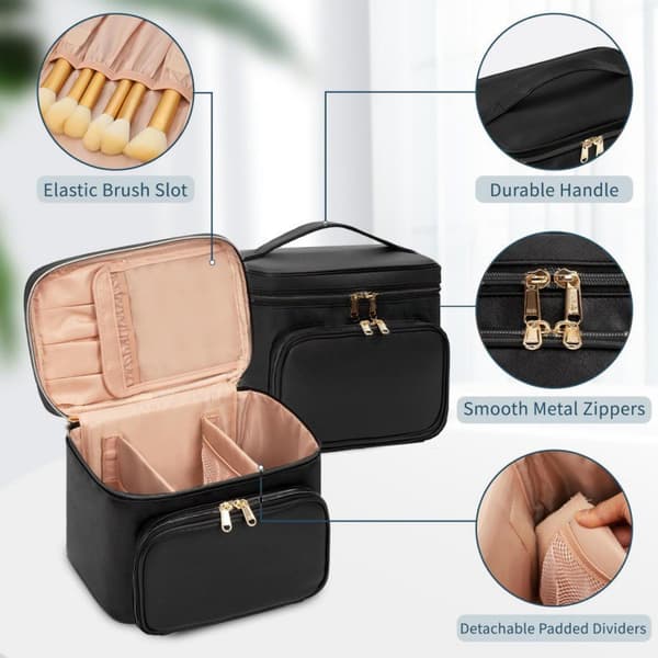 Travel Makeup Bag - Multiple Compartments with Makeup Brush Holders - Handle Divider - Stylish Cosmetic Bag - Storage Bag - Small Makeup Bag