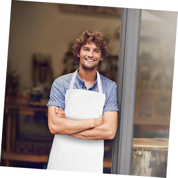 Polyester restaurantforklæde med halterneck, store lommer, køkkenforklæde, hvid unisex-pasform