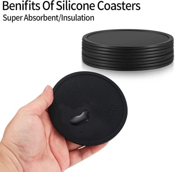 8-pack Coasters, Silicone Coasters, Drink Coasters, Black Round Coasters for Drinks, Bars, Cups, Glass Table Mats