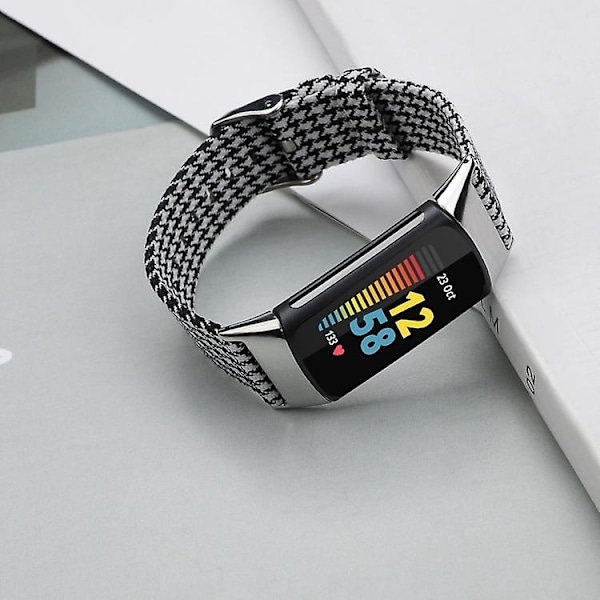 Til Fitbit Charge 5 Nylon Canvas Urrem JRT Black White Grid
