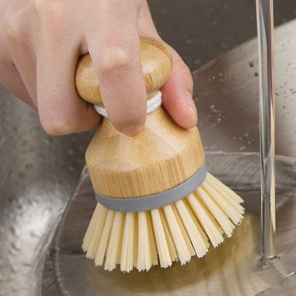 Naturlig opvaskebørste rund bambus skurebørster til køkkenvask Gulvskurebørste Bordservice Grøntsager (1 stk, træfarve)