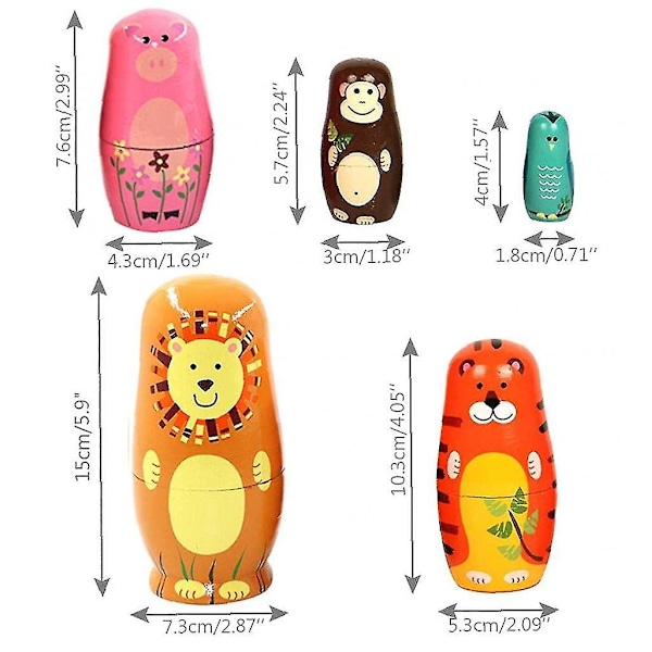 Set med 5 Matryoshka Matryoshka Djur Tiger Traditionell Matryoshka