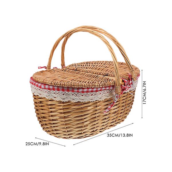 Picnic Kurv Med Håndtag Og Låg Flettet Kurv Rustik Opbevaringskurv 35X25X17CM 35X25X17CM