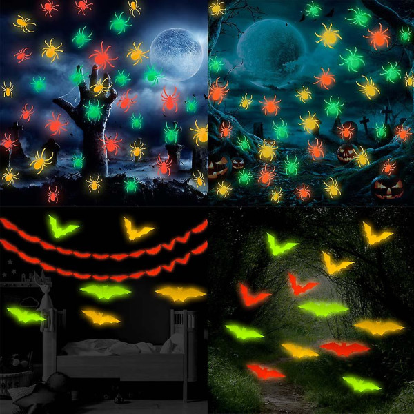 12-pack Halloween Väggdekaler 3D Ljussatta Bat Spider Design Dekaler DIY Läskig Atmosfär Fönster Dörr Bil Dekoration Grön Bat