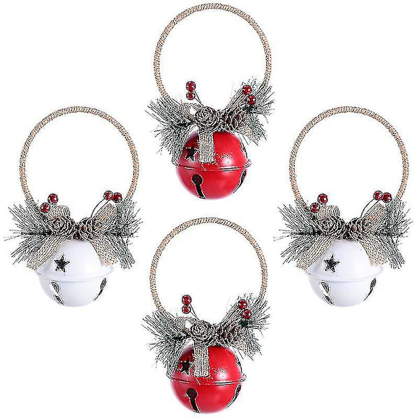 Julepynt Jingle Bell Dørhængere Dekorationer Vindueklokke Vedhæng 4stk-hvid/rød