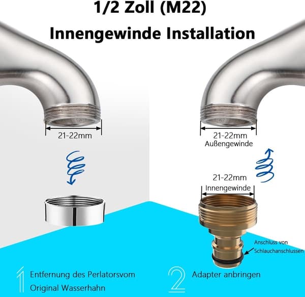 2 HAck Messingkranadaptere, 22 mm innvendig og 24 mm utvendig gjenge med tetningsringer for blandebatterier og hageslanger