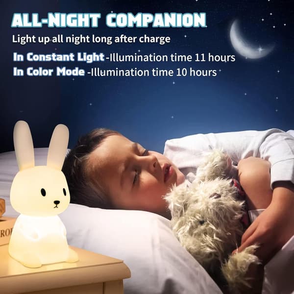 Baby Bunny Night Light with 7 Light Changes, USB Rechargeable Bedside Lamp with Timer Function for Bedroom