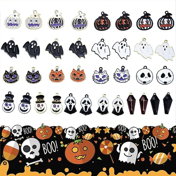 30 stk. Blandede Halloween Charms Vedhæng Assorterede Guld Sortbelagt Emalleret Græskar Spøgelse Klovn Troldmand Hat Halloween