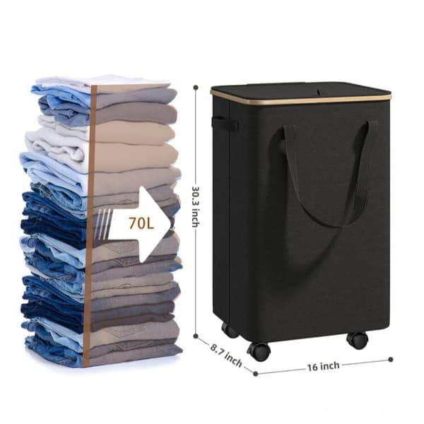 Large Laundry Basket with Wheels – 70L Foldable Laundry Hamper with Lid and Removable Inner Bag